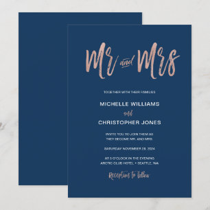 Glam Chic Navy & Rose Gold Mr & Mrs Wedding Invite