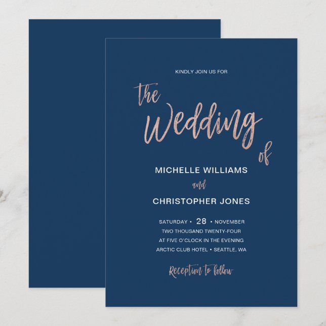 Glam Chic Navy & Rose Gold Wedding Invitation Card (Front/Back)