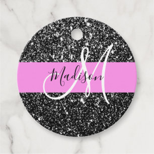 Glam Chic Pink Black Glitter Sparkle Name Monogram Favour Tags