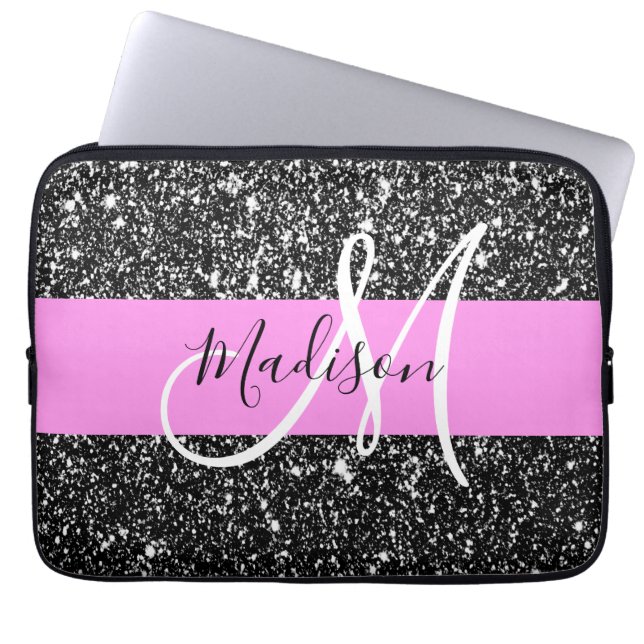 Glam Chic Pink Black Glitter Sparkle Name Monogram Laptop Sleeve (Front)
