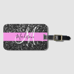 Glam Chic Pink Black Glitter Sparkle Name Monogram Luggage Tag