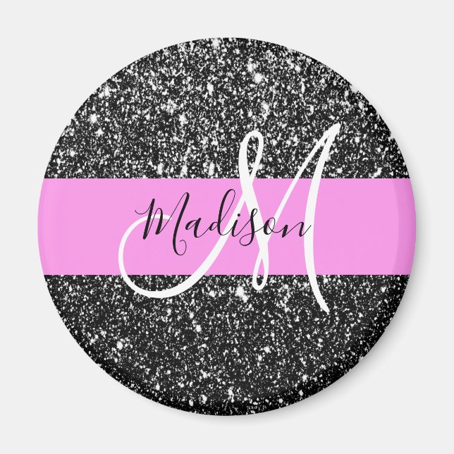 Glam Chic Pink Black Glitter Sparkle Name Monogram Magnet (Front)