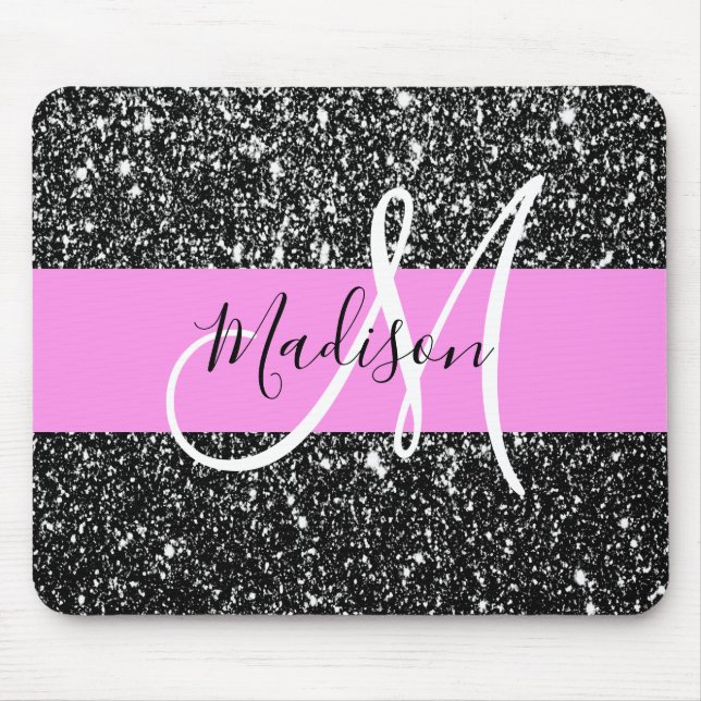 Glam Chic Pink Black Glitter Sparkle Name Monogram Mouse Mat (Front)