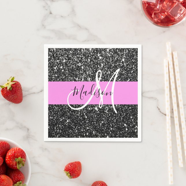 Glam Chic Pink Black Glitter Sparkle Name Monogram Napkin (Insitu)