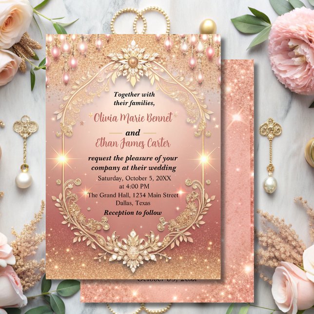 glam chic rose gold Glitter gold frame wedding Invitation (Creator Uploaded)