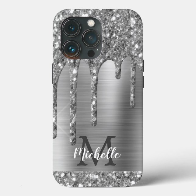 Glam Chic Silver Glitter Drips Monogram Metal Case-Mate iPhone Case (Back)