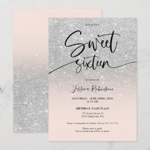 Glam chic silver glitter ombre girly pink Sweet 16 Invitation
