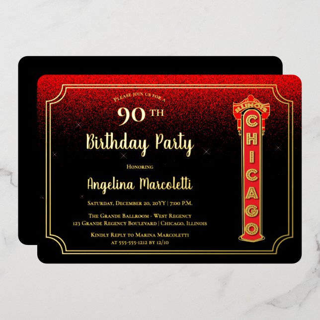 Glam Chicago Sign 90th Birthday Foil Invitation (Front/Back)
