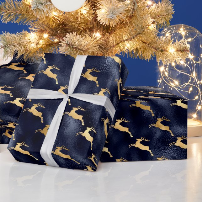 Glam Christmas Deer Pattern Navy Blue Gold Foil Wrapping Paper (Holidays)