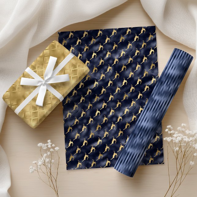 Glam Christmas Navy Blue Gold Deer Fans Stripes Wrapping Paper Sheet (Creator Uploaded)