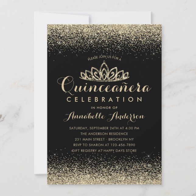 Glam Classic Black Quinceañera Gold Tiara Glitter Invitation (Front)
