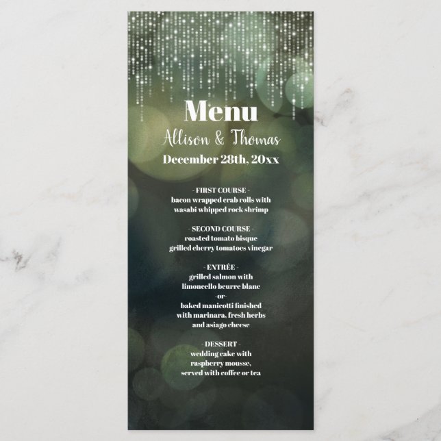Glam Classy White Fairy Light Green Wedding Menu (Front)