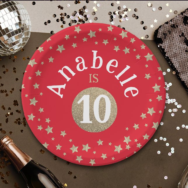 Glam Cool Red And Gold Glitter Stars Kid Birthday  Paper Plate (Creator Uploaded)