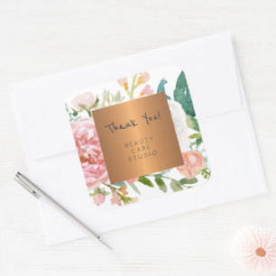 Glam copper metallic pastel peonies thank you square sticker