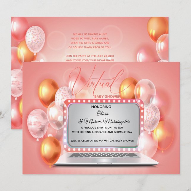 Glam Coral Modern Laptop Virtual Baby Girl Shower Invitation (Front/Back)