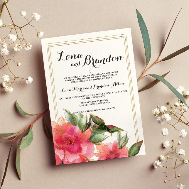 Glam coral pink white gold glitter floral wedding invitation (Glam coral pink white gold glitter floral wedding)