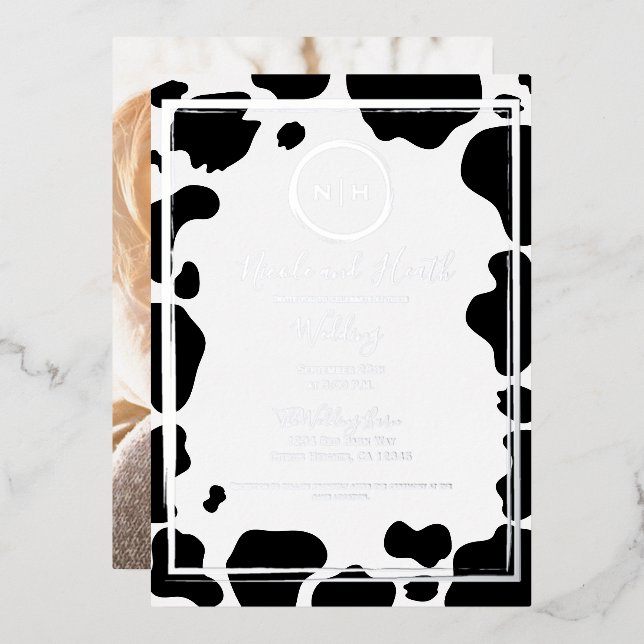 Glam Cow Print Modern Border Wedding Photo Gold (Front/Back)