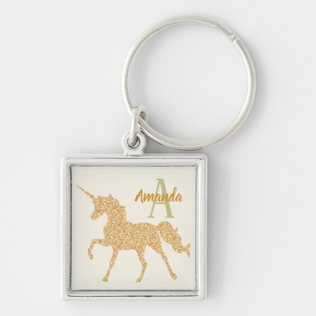 Glam Custom Monogram and Name Gold Glitter Unicorn Key Ring (Front)