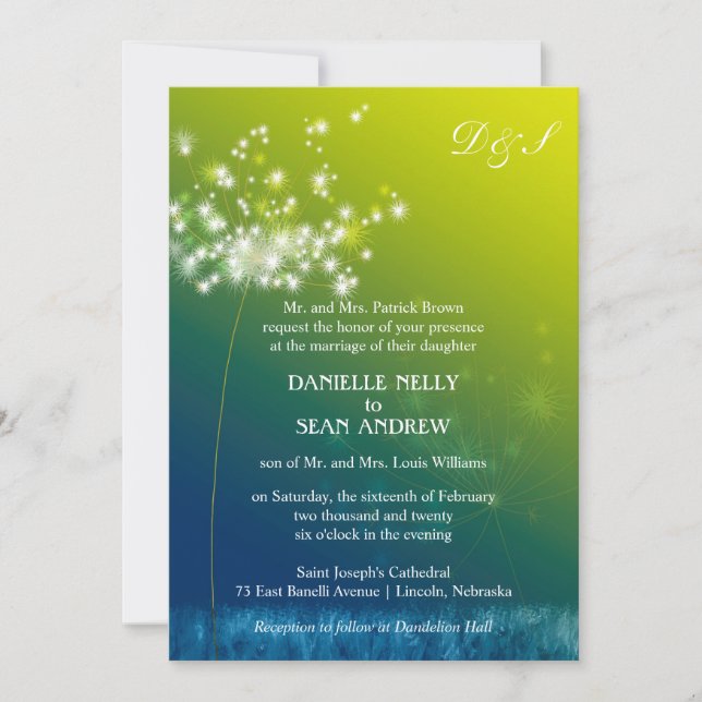 Glam Dandelions Blue Green Ombre Wedding Invitation (Front)