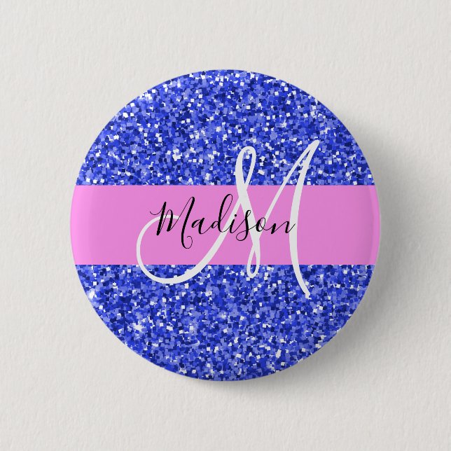Glam Dark Blue Pink Glitter Sparkles Name Monogram 6 Cm Round Badge (Front)