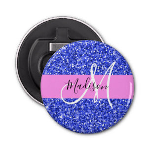 Glam Dark Blue Pink Glitter Sparkles Name Monogram Bottle Opener