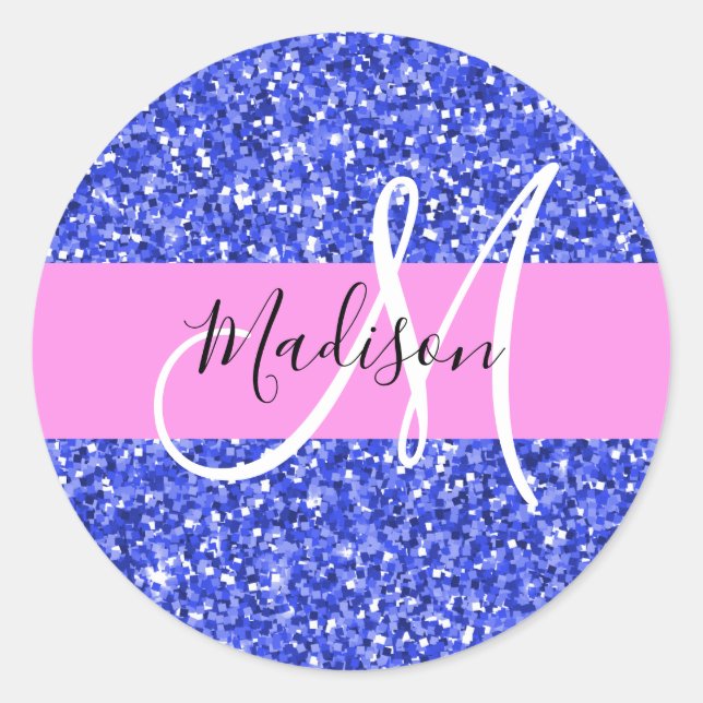 Glam Dark Blue Pink Glitter Sparkles Name Monogram Classic Round Sticker (Front)