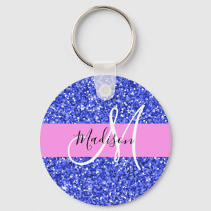 Glam Dark Blue Pink Glitter Sparkles Name Monogram Key Ring
