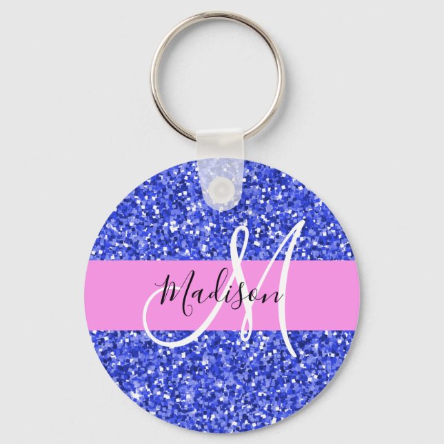 Glam Dark Blue Pink Glitter Sparkles Name Monogram Key Ring (Front)