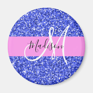 Glam Dark Blue Pink Glitter Sparkles Name Monogram Magnet