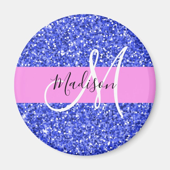 Glam Dark Blue Pink Glitter Sparkles Name Monogram Magnet (Front)