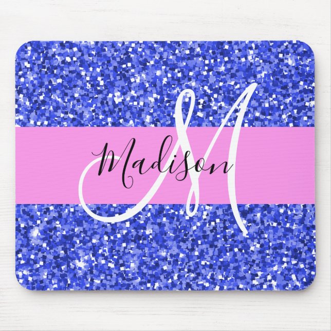 Glam Dark Blue Pink Glitter Sparkles Name Monogram Mouse Mat (Front)