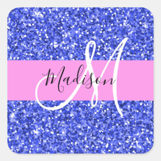 Glam Dark Blue Pink Glitter Sparkles Name Monogram Square Sticker