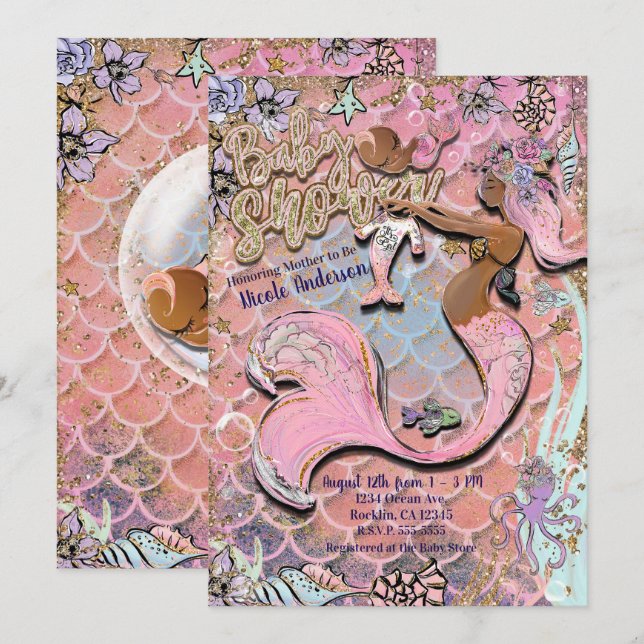 Glam Dark Ethnic Prego Mermaid Glitter Baby Shower Invitation (Front/Back)