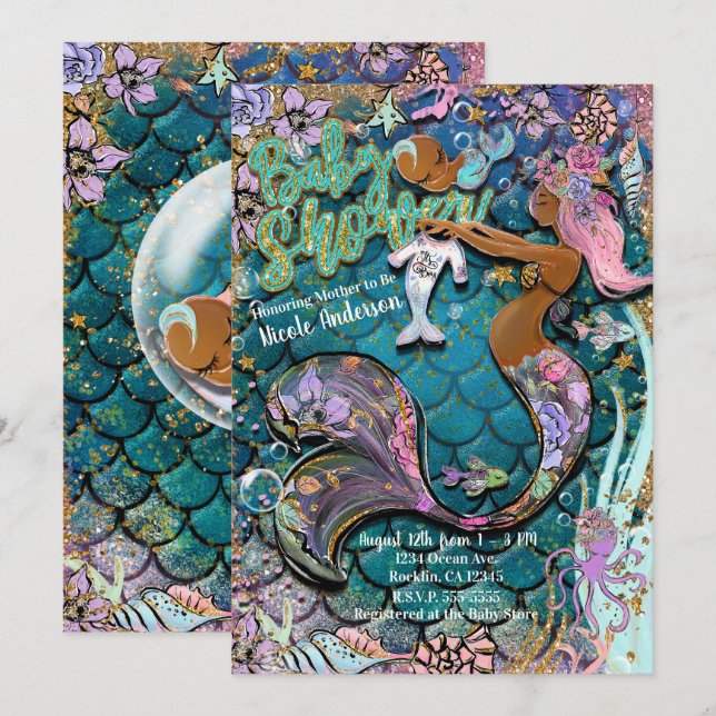 Glam Dark Mermaid Gold Glitter Boys Baby Shower Invitation (Front/Back)