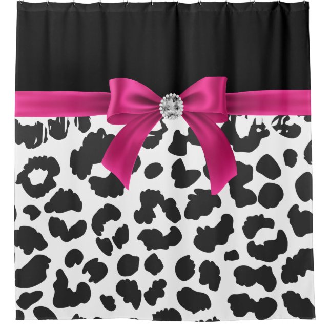 Glam Deep Pink Bow-Snow Leopard Print-Black Shower Curtain (Front)
