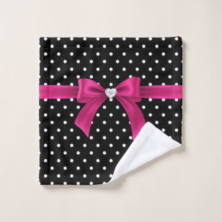 Glam Deep Pink Bow-White Polka Dots-Black Bath Towel Set