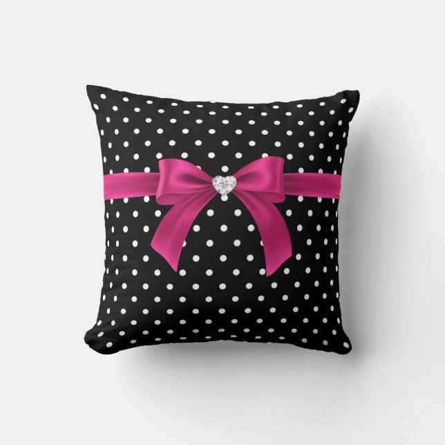 Glam Deep Pink Bow-White Polka Dots-Black Cushion (Front)