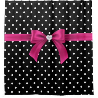 Glam Deep Pink Bow-White Polka Dots-Black Shower Curtain