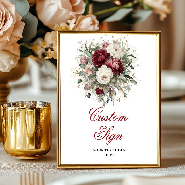 Glam Deep Red Flowers Eucalyptus Gold Custom Sign (Glam Deep Red Flowers Eucalyptus Gold Custom Sign)