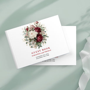 Glam Deep Red Flowers Eucalyptus Gold Guest Book