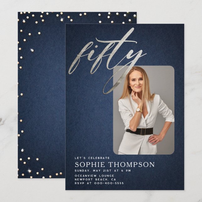 Glam Denim Diamonds Blue White 50th Birthday Photo Invitation (Front/Back)