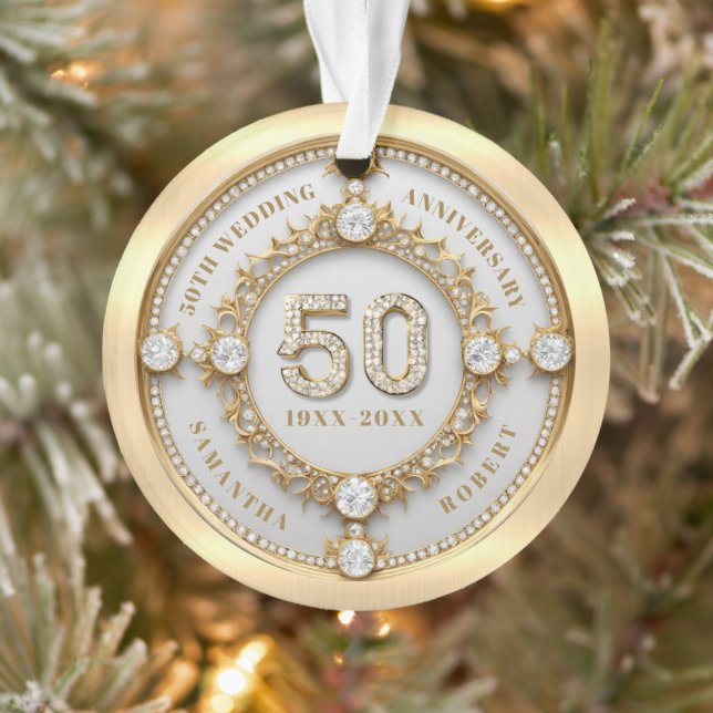 Glam Diamond & Gold Frame 50th Wedding Anniversary Ornament (Tree)