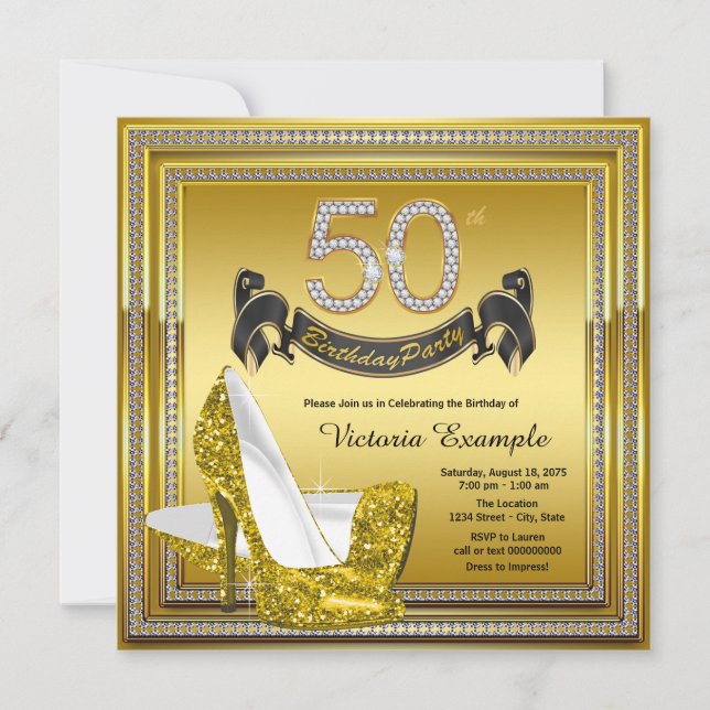 Glam Diamond Gold High Heels 50th Birthday Party Invitation (Front)