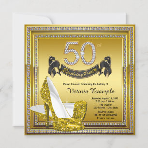 Glam Diamond Gold High Heels 50th Birthday Party Invitation