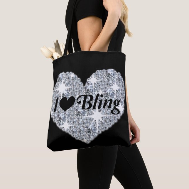 Glam diamond heart I love bling print on black Tote Bag (Close Up)