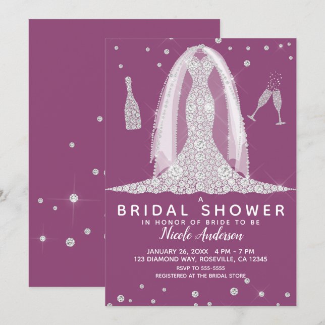 Glam Diamond Wedding Dress Berry Bridal Shower Invitation (Front/Back)