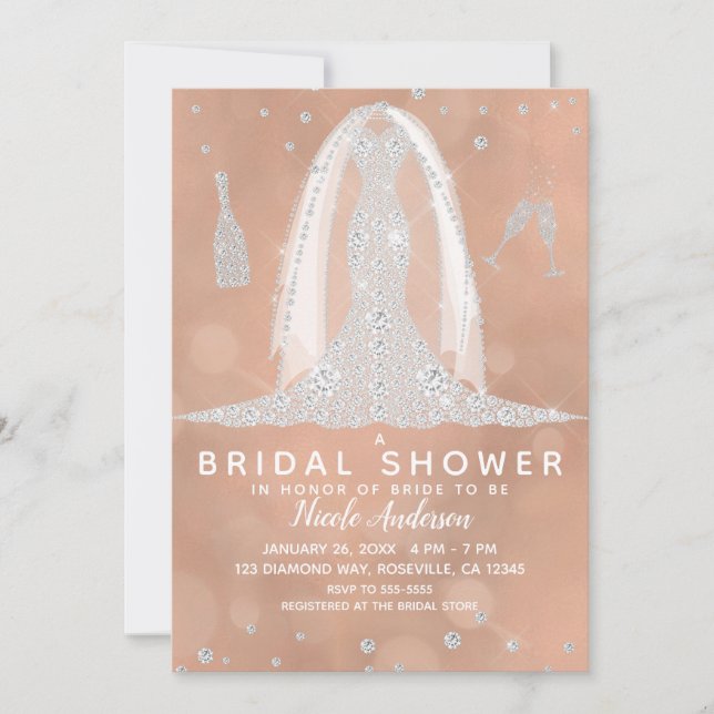 Glam Diamond Wedding Dress Peach Bridal Shower Invitation (Front)