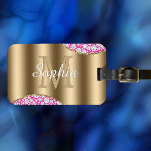 Glam Diamonds Fuchsia, Gold Monogram, Script Name Luggage Tag