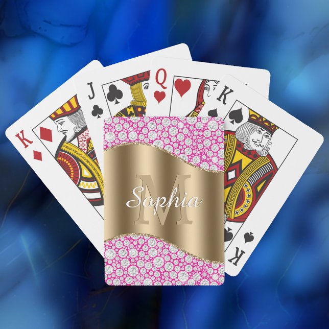Glam Diamonds Fuchsia, Gold Monogram, Script Name Playing Cards (Creator Uploaded)