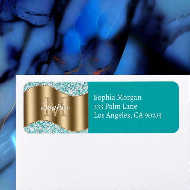 Glam Diamonds, Gold Monogram, Deep Teal Address  (Creator Uploaded)